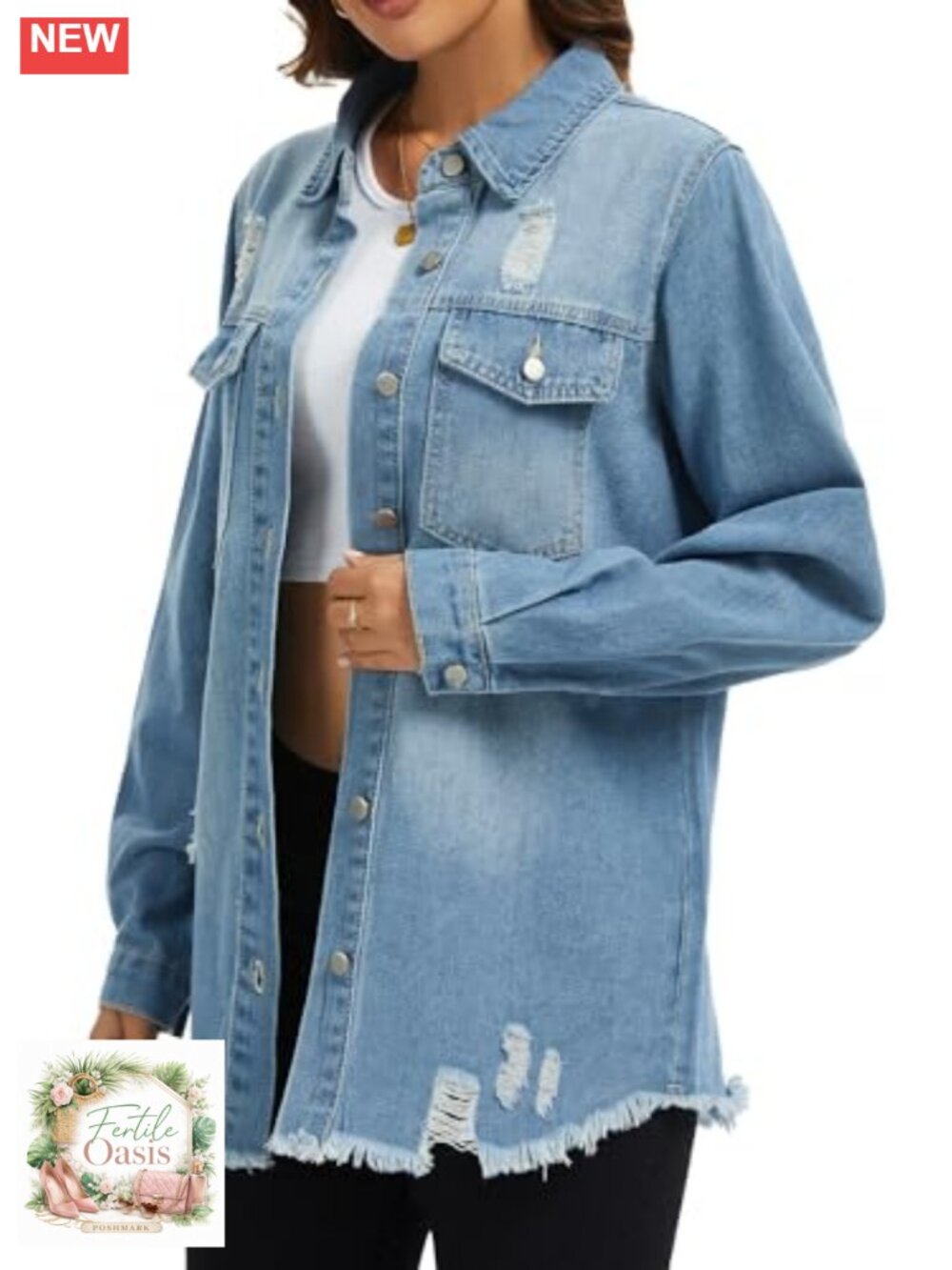 Oversized Distressed Denim Jacket Long Sleeve Frayed Hem Shacket - Picture 2 of 5